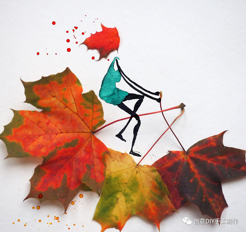秋天里的创意艺术家用枫叶绘制趣味插画