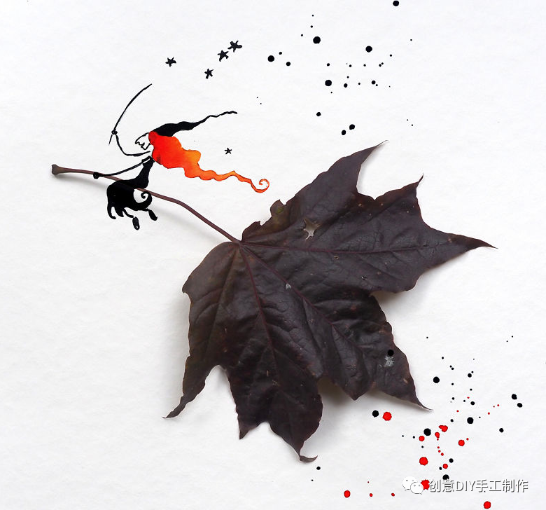 秋天里的创意艺术家用枫叶绘制趣味插画
