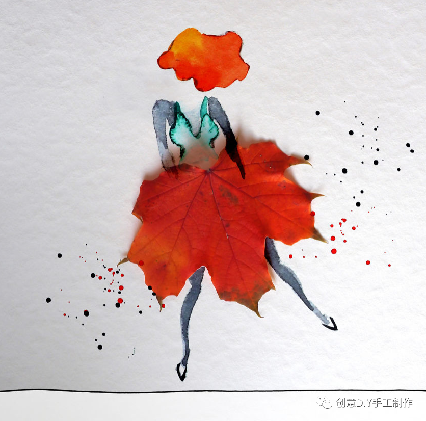 秋天里的创意艺术家用枫叶绘制趣味插画