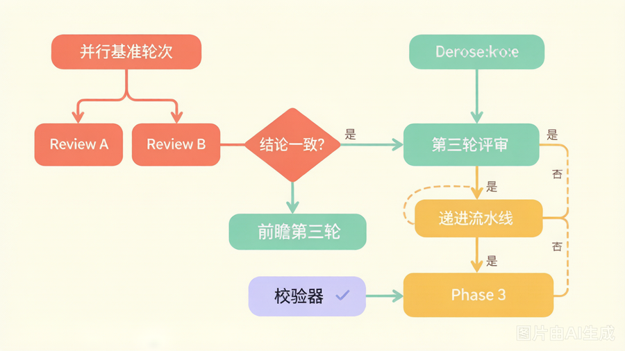 多轮共识评审机制的三阶段流程图