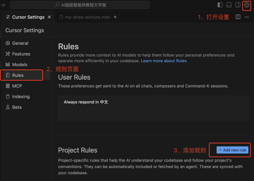 Cursor工具的Rules设置界面