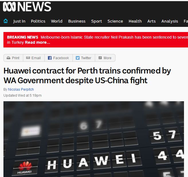 不顾美国反对 华为将为澳大利亚珀斯铁路等线路提供数字通信系统
