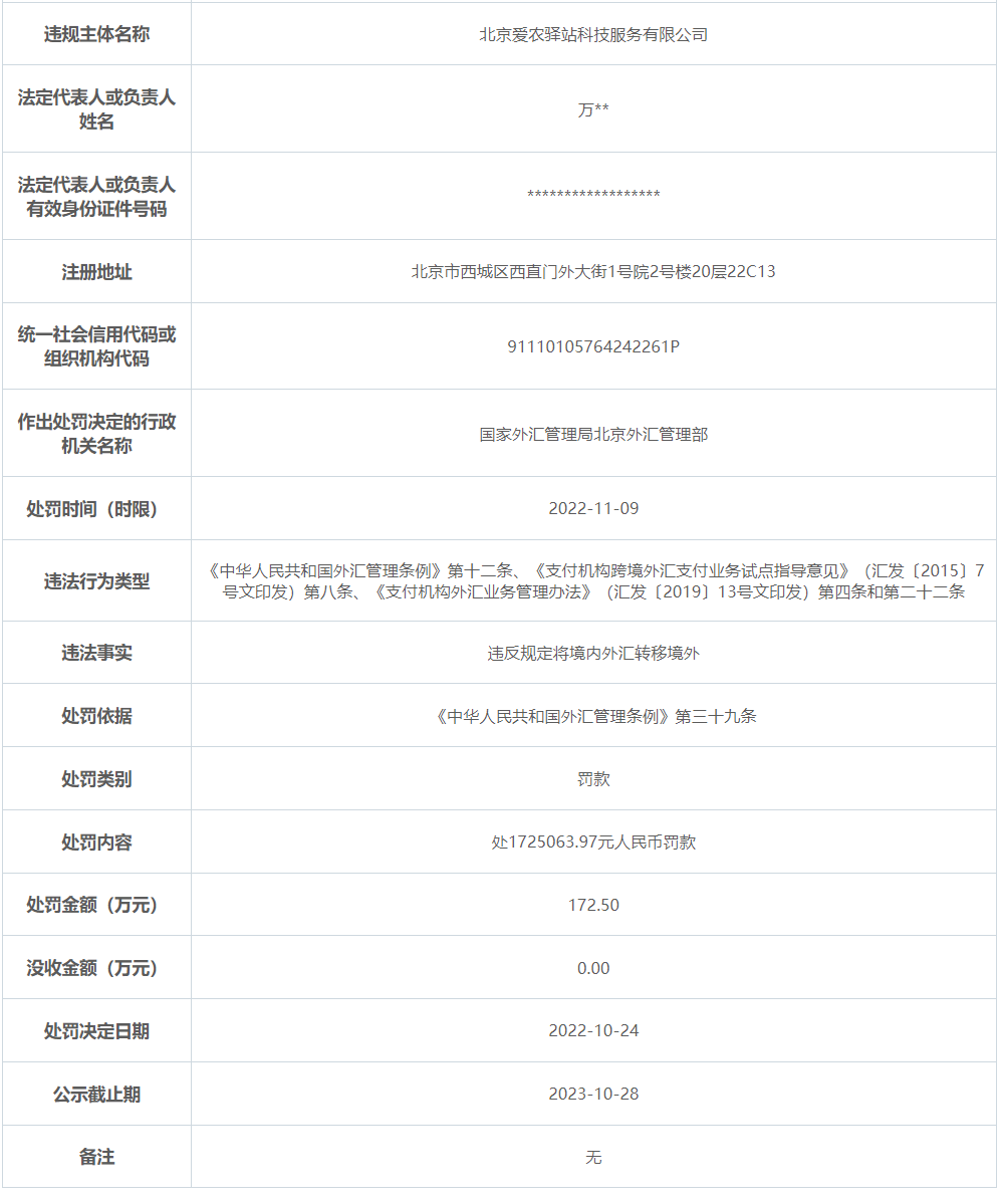 北京爱农驿站科技接连被央行和外管局处罚！