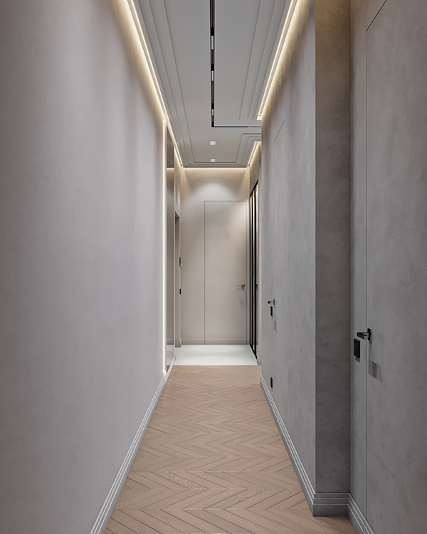天花板条形灯槽进入大门后面向一条玄关小走廊提供给住户家庭一个温暖