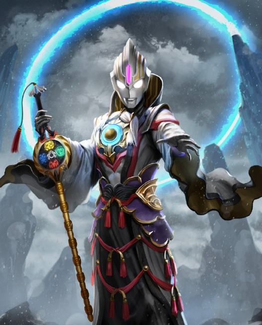 还有姜子牙版欧布,背后一圈光环,身披一袭长袍,手中的欧布圣剑化作了