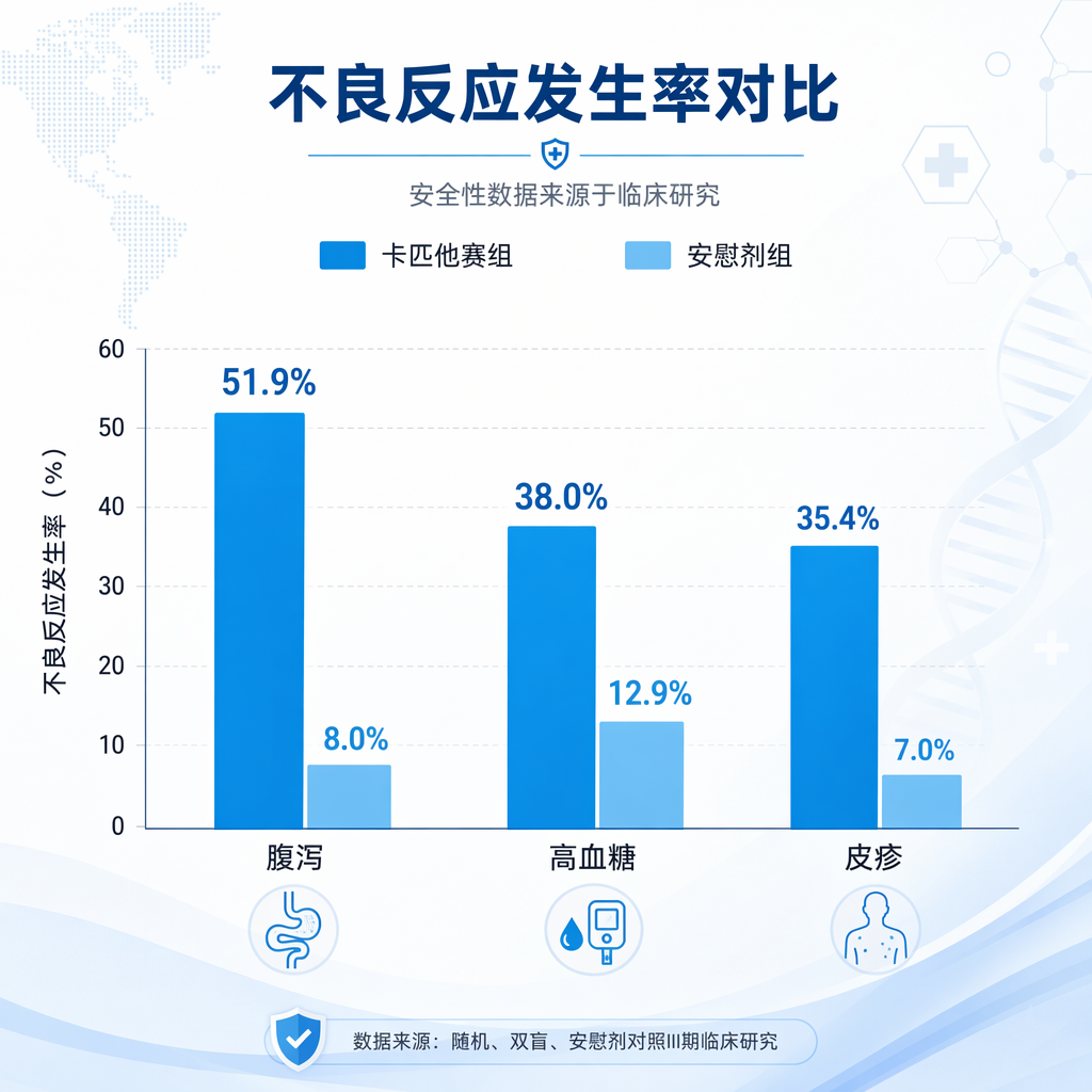 一张专业医学数据对比图，采用盛诺一家品牌蓝色调，清晰展示了卡匹他赛组与安慰剂组在三项主要不良反应上的发生率对比：腹泻（51.9% vs 8.0%）、高血糖（38.0% vs 12.9%）和皮疹（35.4% vs 7.0%）。画面风格简约、国际化，适合重症患者阅读。