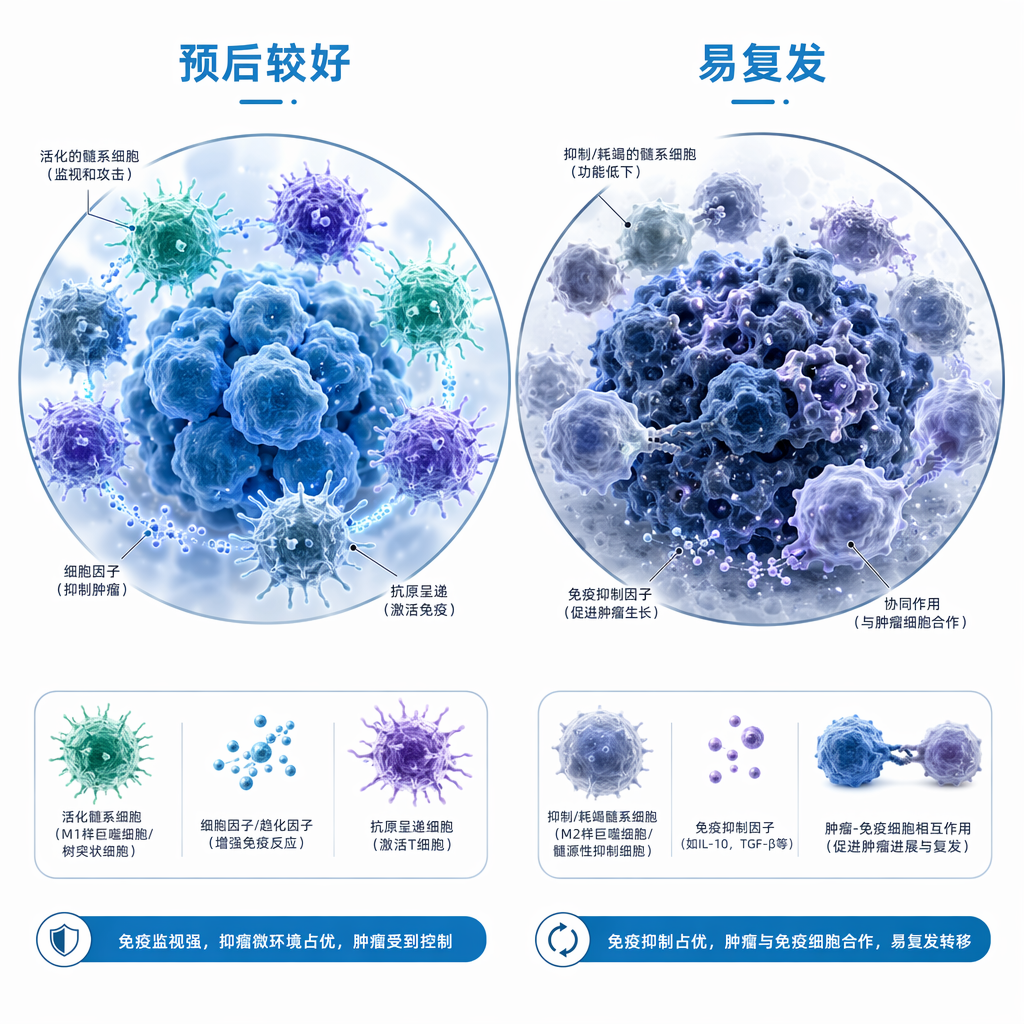 脑膜瘤微环境对比图：左侧标注‘预后较好’，显示免疫细胞积极警惕地包围肿瘤；右侧标注‘易复发’，显示免疫细胞处于懈怠或与肿瘤细胞‘握手’合作的状态。