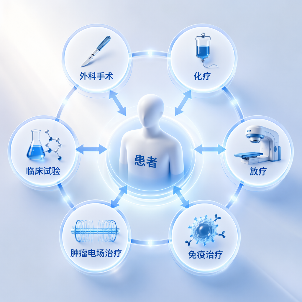 恶性间皮瘤多学科综合治疗模式图：中心为抽象患者图标，周围环绕着外科手术、化疗、放疗、免疫治疗、肿瘤电场治疗及临床试验六大治疗模块，通过蓝色发光箭头指向患者，体现多学科协作（MDT）的专业诊疗理念。