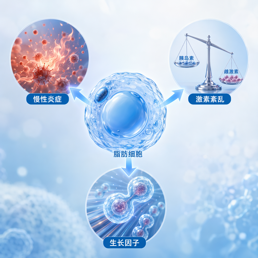图解肥胖导致癌症的生物学机制：中心为一个放大的蓝色脂肪细胞，通过箭头指向三个机制：1. 慢性炎症（红色炎症因子）；2. 激素紊乱（失衡的天平，标注胰岛素与雌激素）；3. 生长因子（加速分裂的细胞）。画面呈现专业、温暖的国际化医学插画风格。