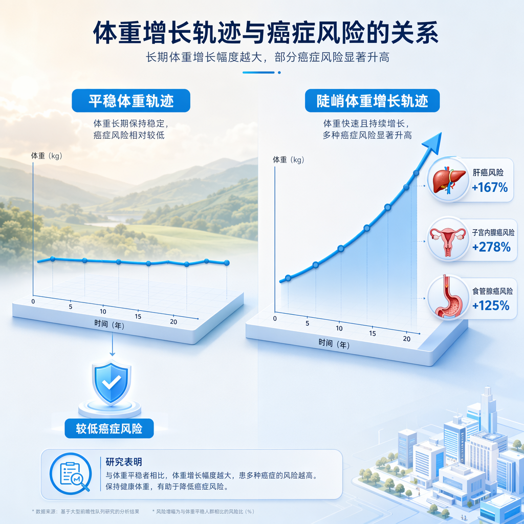 一张专业医学插画，对比了成年期两种体重变化轨迹。左侧平稳的蓝色曲线标注为“平稳体重轨迹”，指向“较低癌症风险”；右侧陡峭上升的蓝色曲线标注为“陡峭体重增长轨迹”，其末端连接着三个器官图标及对应的风险增长数据：子宫内膜癌风险增加278%、肝癌风险增加167%、食管腺癌风险增加125%。画面色调为盛诺一家品牌蓝，风格温暖且专业。