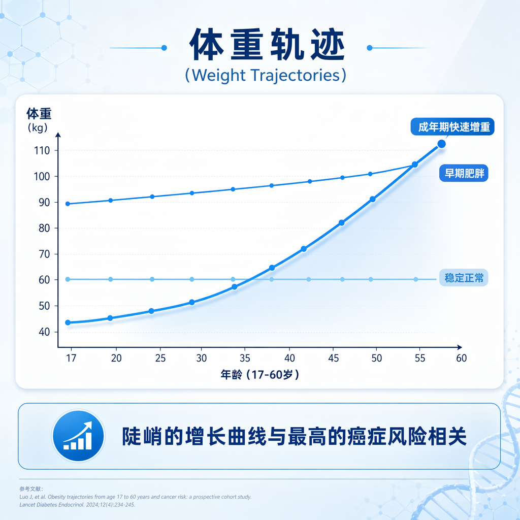 一张专业的医学插画图表，展示了17岁至60岁间的三种体重轨迹：‘稳定正常’曲线平缓，‘早期肥胖’曲线起点高且缓慢增长，‘成年期快速增重’曲线从正常起点陡峭上升。图表下方标注‘陡峭的增长曲线与最高的癌症风险相关’，整体采用盛诺一家品牌蓝色调，风格温暖且专业。