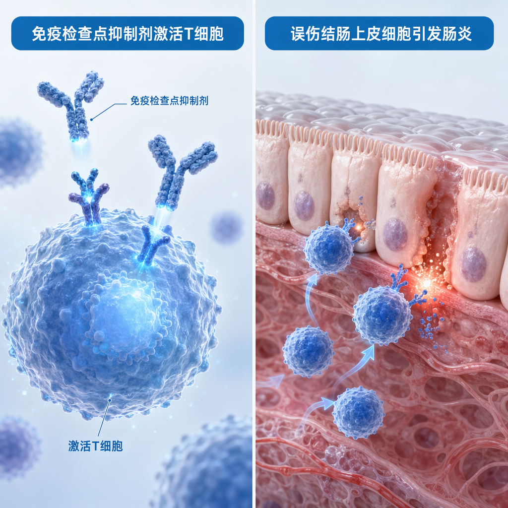医学示意图：左侧展示免疫检查点抑制剂如何激活T细胞；右侧展示被激活的T细胞错误攻击结肠正常上皮细胞，导致免疫相关性结肠炎。