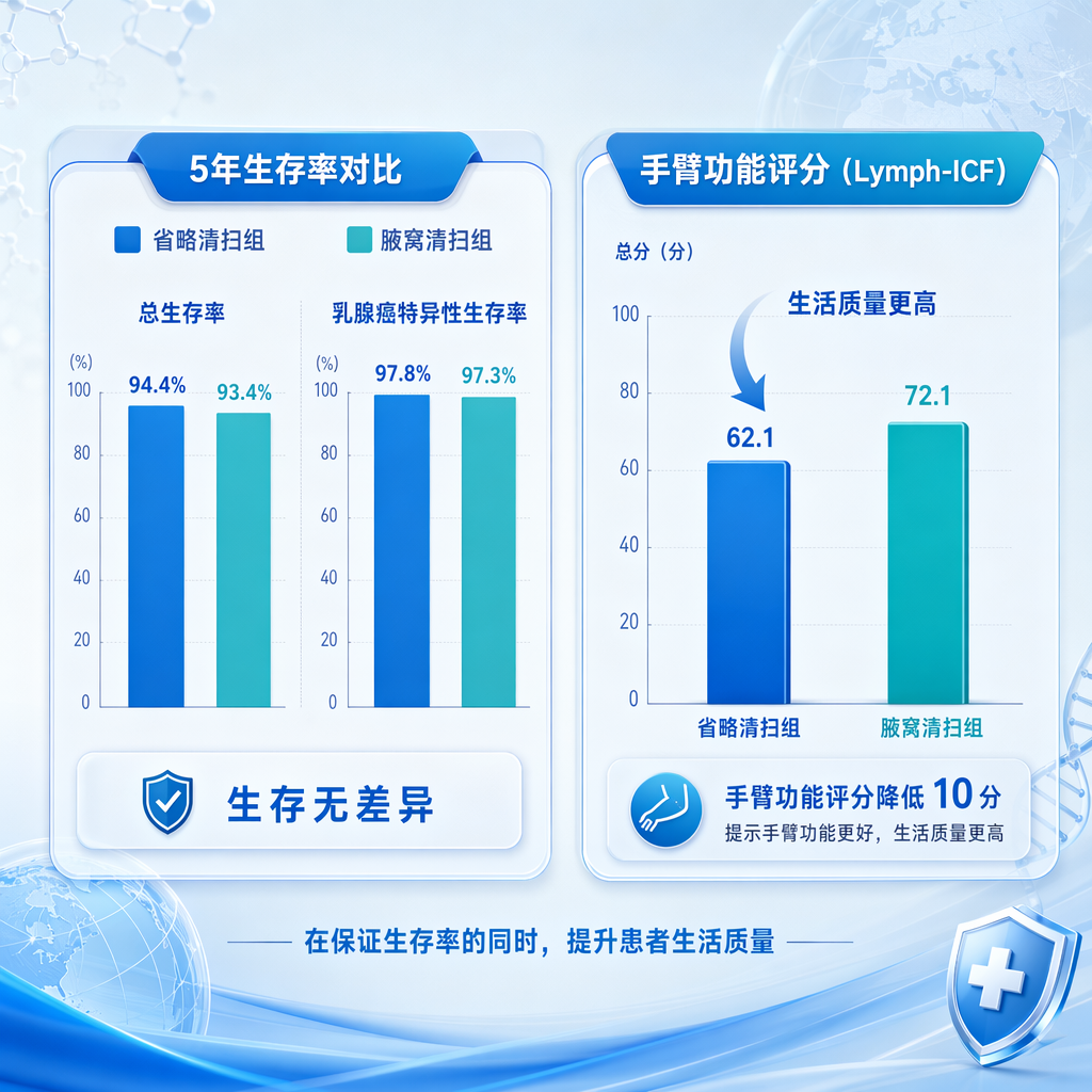一张专业医学信息图，对比了乳腺癌SENOMAC研究的两组数据。左侧条形图显示‘省略清扫组’与‘腋窝清扫组’在5年总生存率（94.4% vs 93.4%）和乳腺癌特异性生存率（97.8% vs 97.3%）上几乎无异；右侧条形图显示省略清扫组的手臂功能评分显著更低（代表问题更少），并配有向下箭头标注‘生活质量更高’。色调采用盛诺一家品牌蓝，风格温暖且国际化。