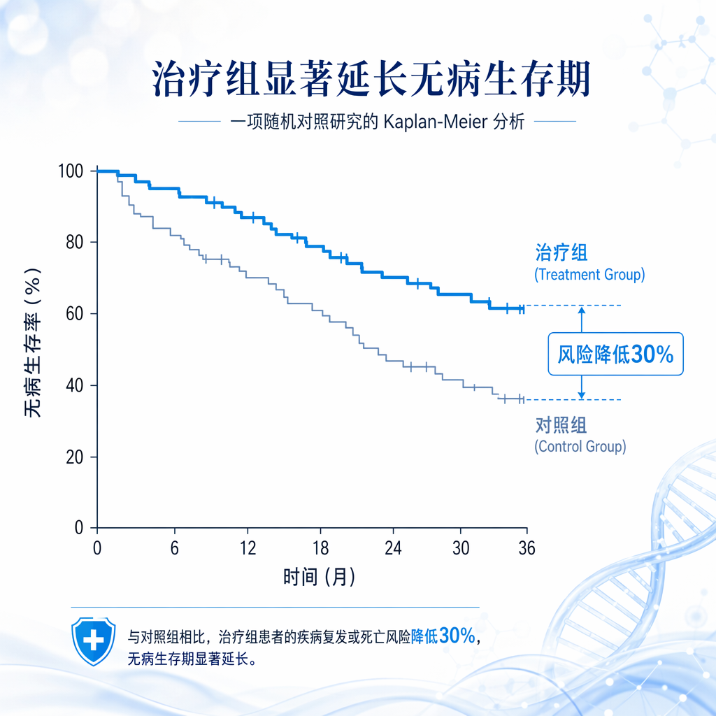 无病生存期（DFS）对比曲线图：展示了新型基因疗法联合放疗（治疗组）与标准放疗（对照组）的差异。治疗组曲线始终处于上方，并标注风险降低30%，直观体现了新疗法在降低复发风险方面的显著优势。