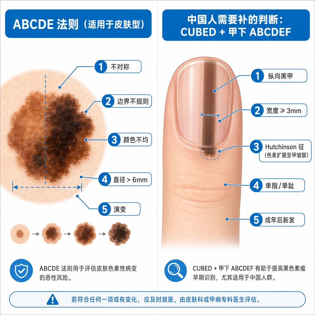 一张专业的医学对比信息图。左侧展示针对皮肤型黑色素瘤的‘ABCDE 法则’，配有痣的示意图及五个标准标签（不对称、边界不规则、颜色不均、直径>6mm、演变）；右侧展示针对中国人高发的肢端型黑色素瘤的补充标准，配有指甲纵向黑甲的示意图及五个关键判断标签（纵向黑甲、宽度≥3mm、Hutchinson 征、单指/单趾、成年后新发）。整体风格简约专业，采用盛诺一家品牌蓝色调。