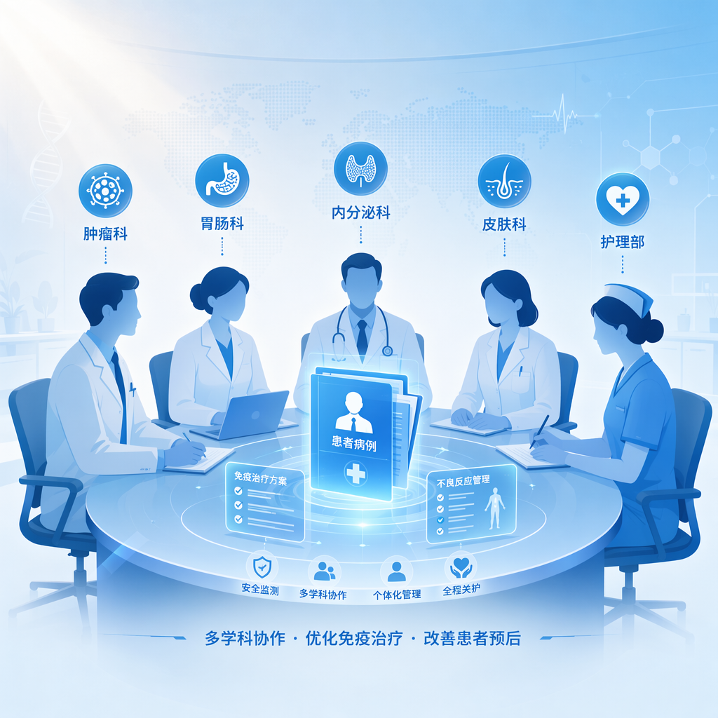 一张专业且具有国际化美感的医学插画，展示了多学科团队（MDT）协作场景。画面中心是一个圆桌，五位没有面部特征的医生剪影围坐在一起，共同研讨桌上的患者病历资料。医生上方分别悬浮着中文标签：‘肿瘤科’、‘胃肠科’、‘内分泌科’、‘皮肤科’和‘护理部’。色调采用盛诺一家品牌蓝（#1996DF和#1996D7），光线柔和，传递出专业、协作与希望的氛围。