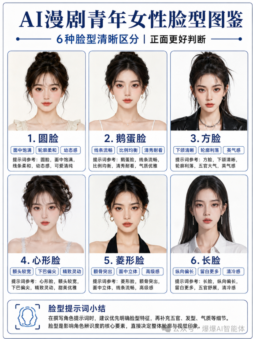 AI 漫剧脸型图鉴·6 种少女脸型提示词（圆/鹅蛋/方/心形/菱形/长） Sample images