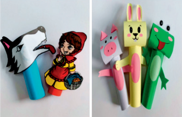 运用不同方法制作的纸偶作品大灰狼,小红帽和小矮人都是先画好外形,再