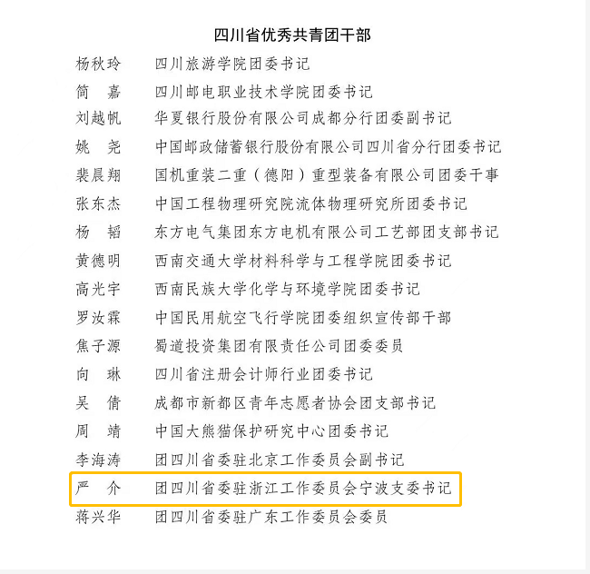 【喜讯】浙江省四川商会理事严介被授予四川省优秀共青团干部称号