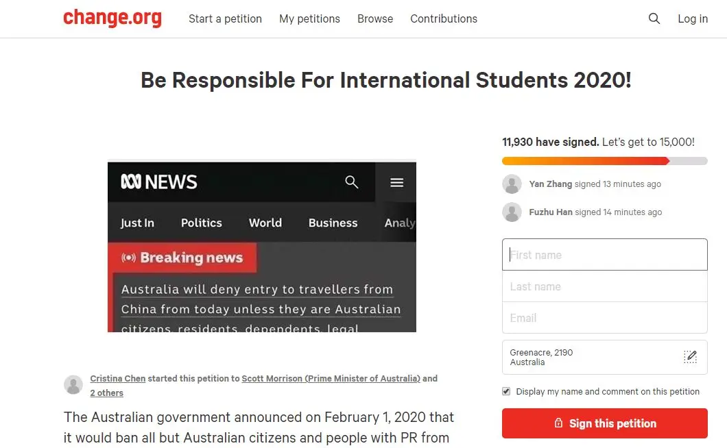 万人签名呼吁莫里森允许中国留学生入境返校