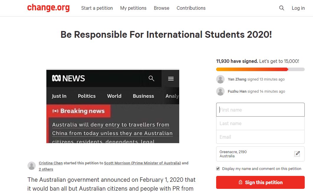 万人签名呼吁莫里森允许中国留学生入境返校 - 2