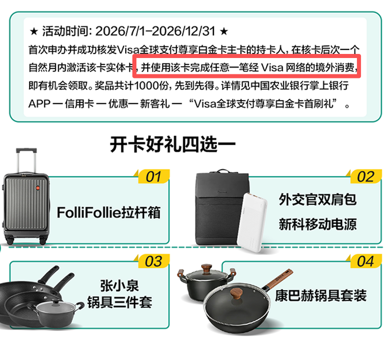 农行Visa全球支付尊享白金卡 0年费无限次境外贵宾厅 商旅新卡