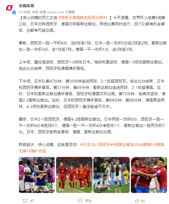 日本隊小組第一出線 ，德國隊無緣16強（德國止步八強排名）