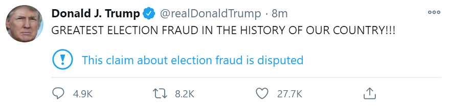特朗普又发推谴责“美国史上最大选举舞弊”，马上就被推特贴标签...
