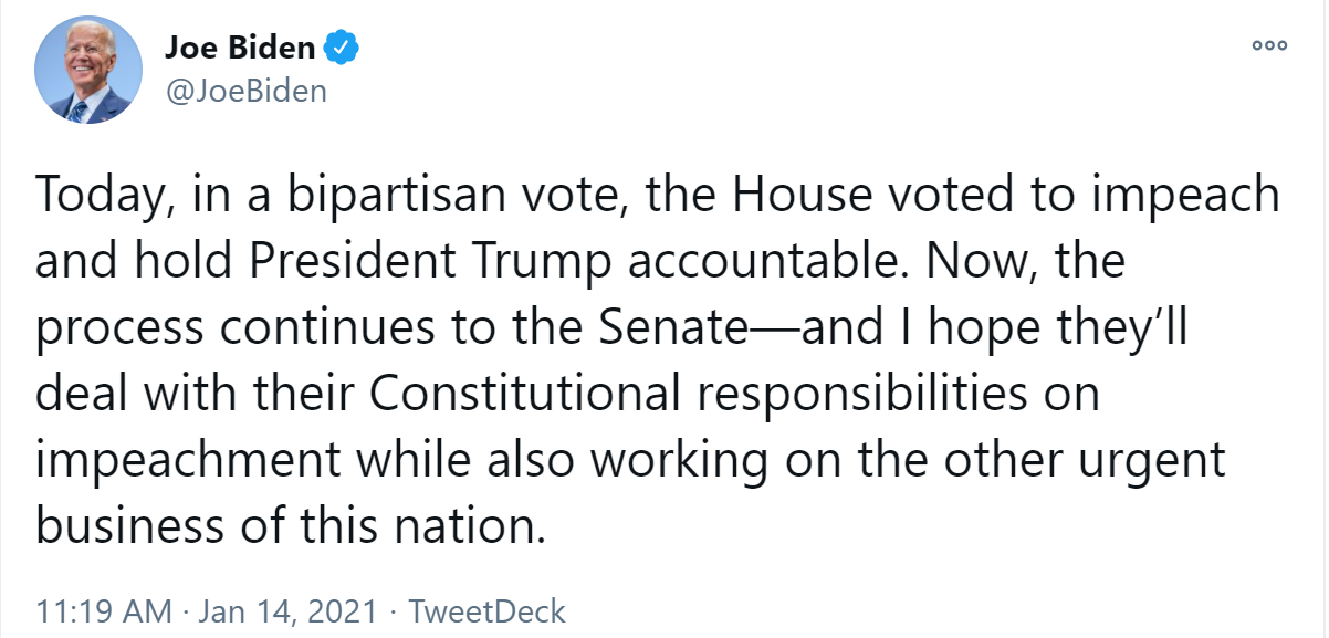 众议院通过弹劾总统案，拜登刚刚发推回应