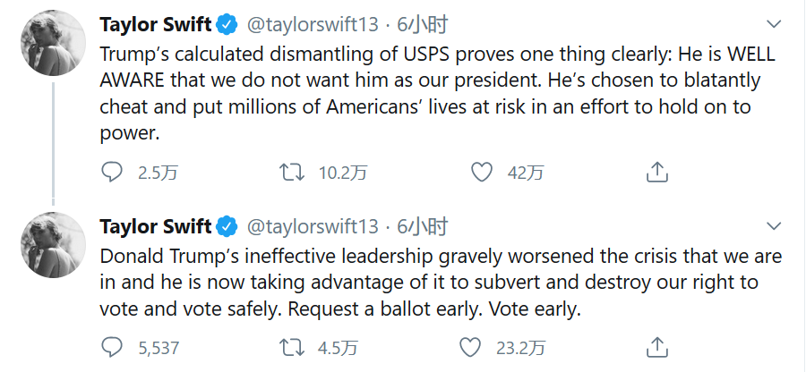 泰勒·斯威夫特再发文炮轰特朗普：为保住权力你“公然作弊”，并将数百万美国人生命置于危险之中