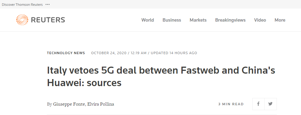 瑞典之后又一国……外媒：意大利阻止本国电信集团Fastweb与华为签署5G协议