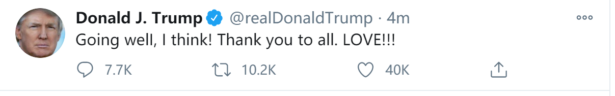 特朗普入院后再发推：谢谢你们所有人，爱你们！