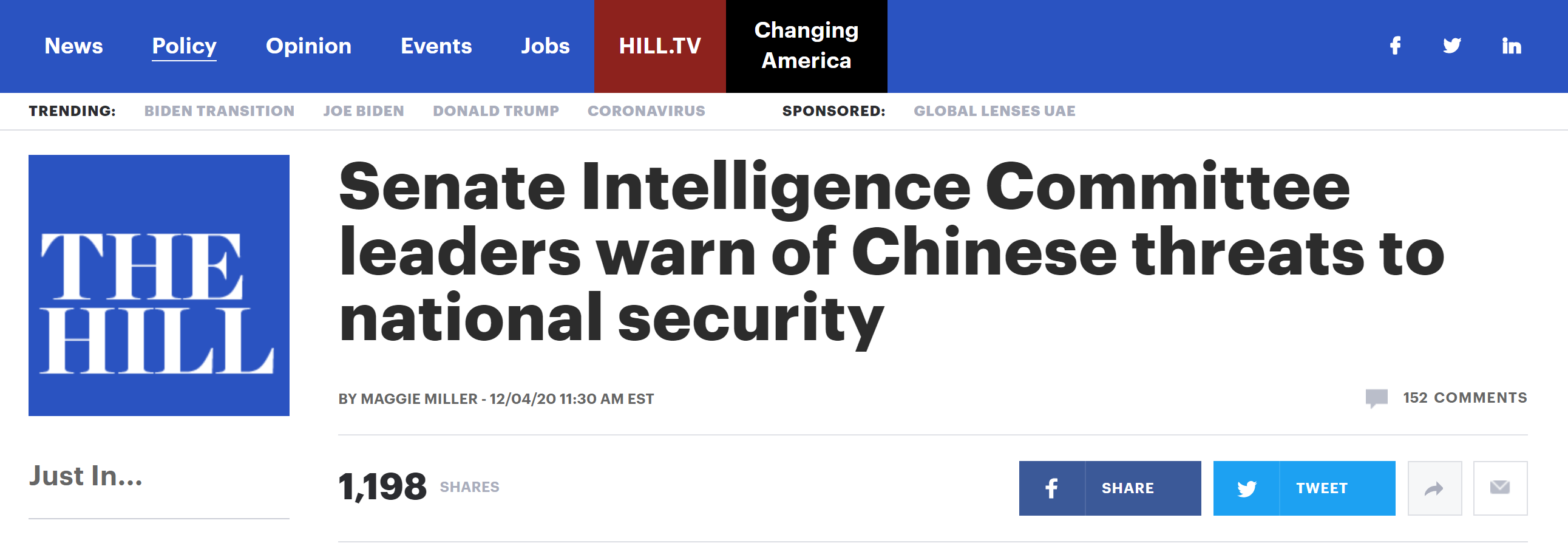 恶毒攻击又来！美参议院情报委员会两党领袖发声明：中国对美构成“最大国家安全威胁”