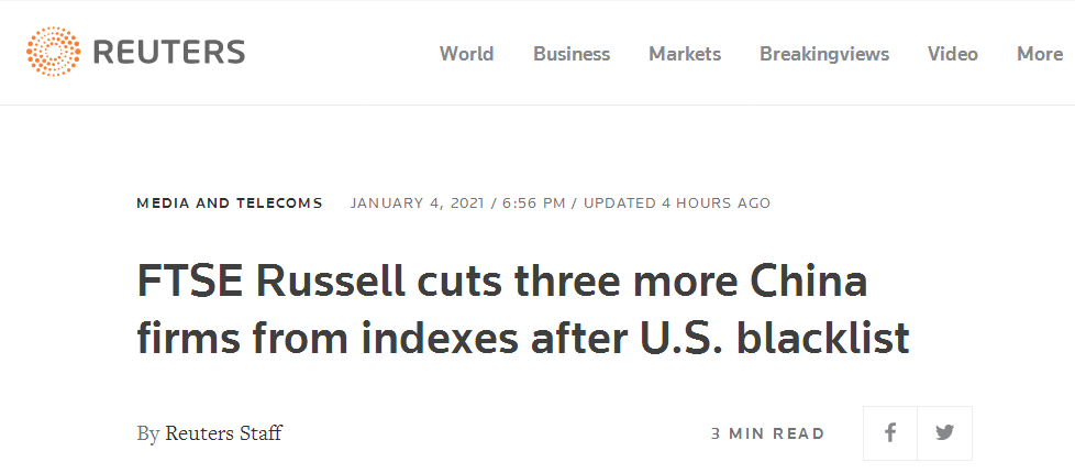 外媒：全球指数编制公司富时罗素称将再移出三家中企，“参照特朗普政府禁令”
