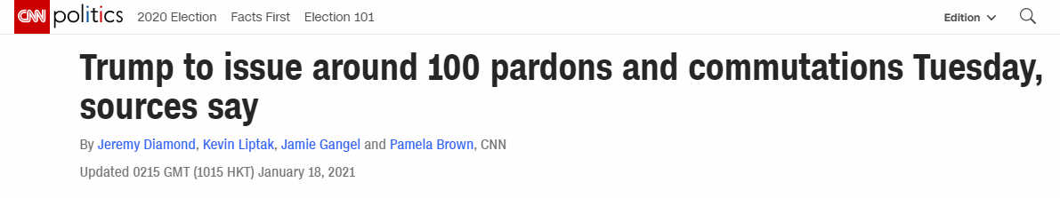 美媒：特朗普任内最后一天将发布约100项赦免减刑令，但对象预计不包括他自己