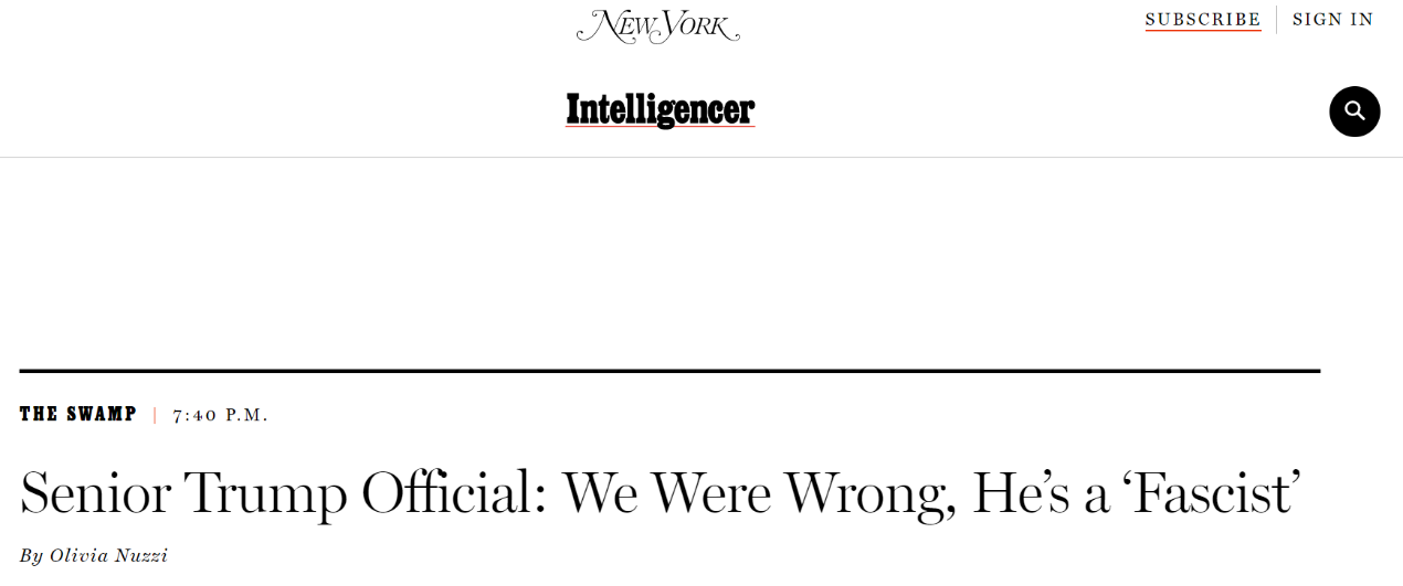 美媒刊文：特朗普政府高级官员说，“我们错了，他是‘法西斯’”