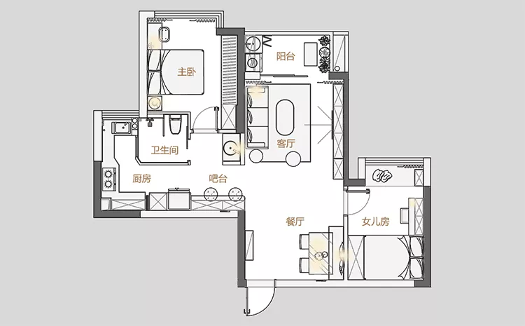 72㎡的小户型好精致，过道设吧台，餐厅加卡座，有颜值更有情调