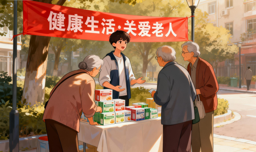 jimeng-2026-04-03-3419-插画风，青年在社区拉横幅摆摊售卖保健品，有老年人围观.png