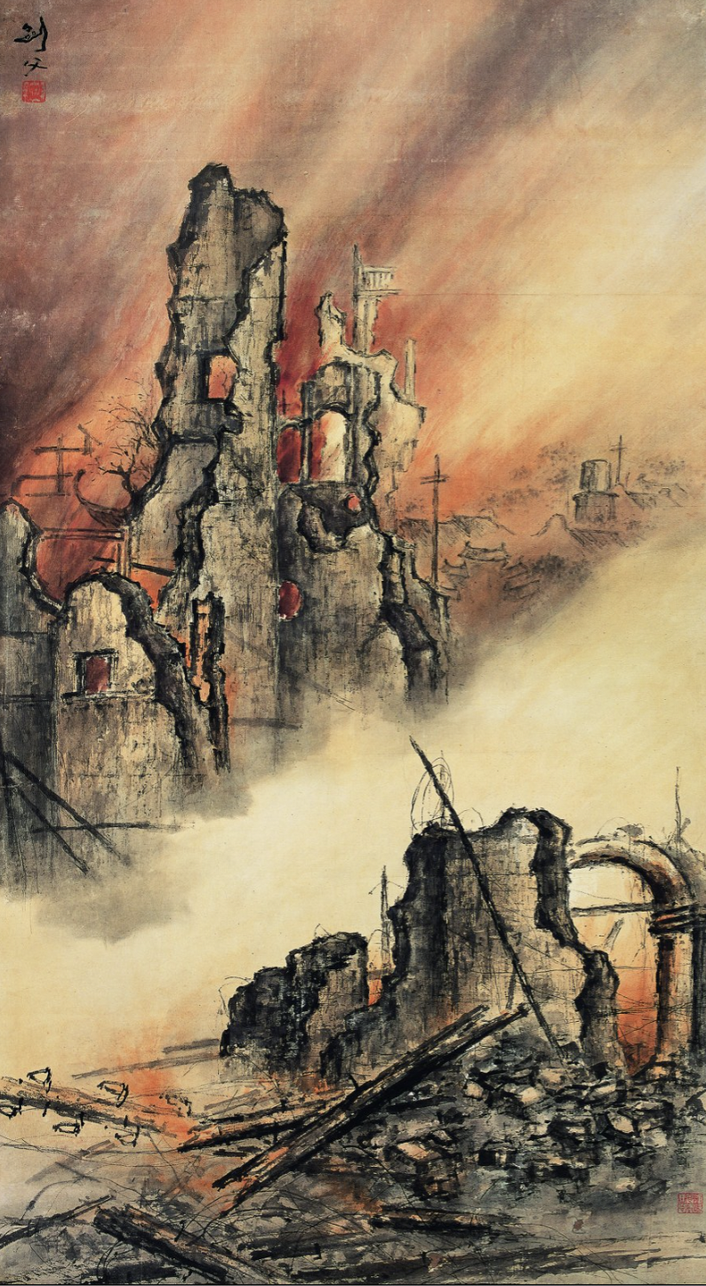 高剑父《东战场的烈焰》，中国画，166cm×92cm，1932年，广州艺术博物院（广州美术馆）藏