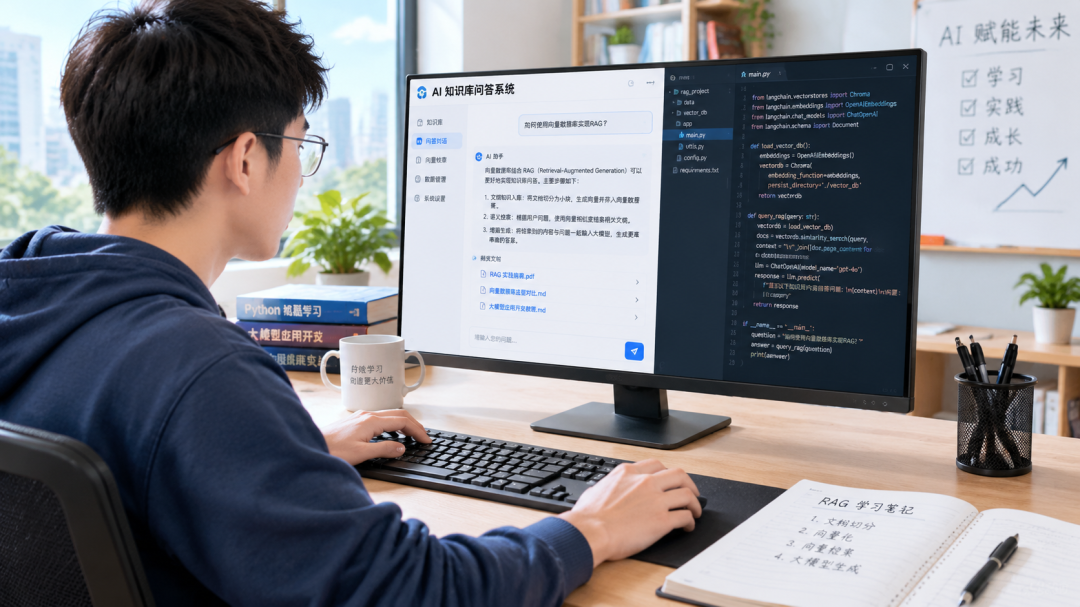 学员进行AI项目实战操作，屏幕显示RAG知识库对话界面