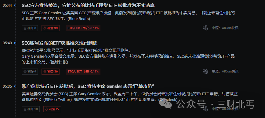 受SEC官方推特被盗官推公布的比特币现货ETF被批准为不实消息影响，比特币（BTC）上下插针、多空双爆，听消息炒币终将是一场空！