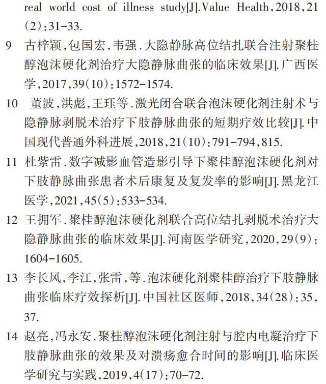 文献推荐丨下肢静脉曲张患者聚桂醇泡沫硬化剂治疗的有效性及对患者血清TNF-α、IL-6水平的影响