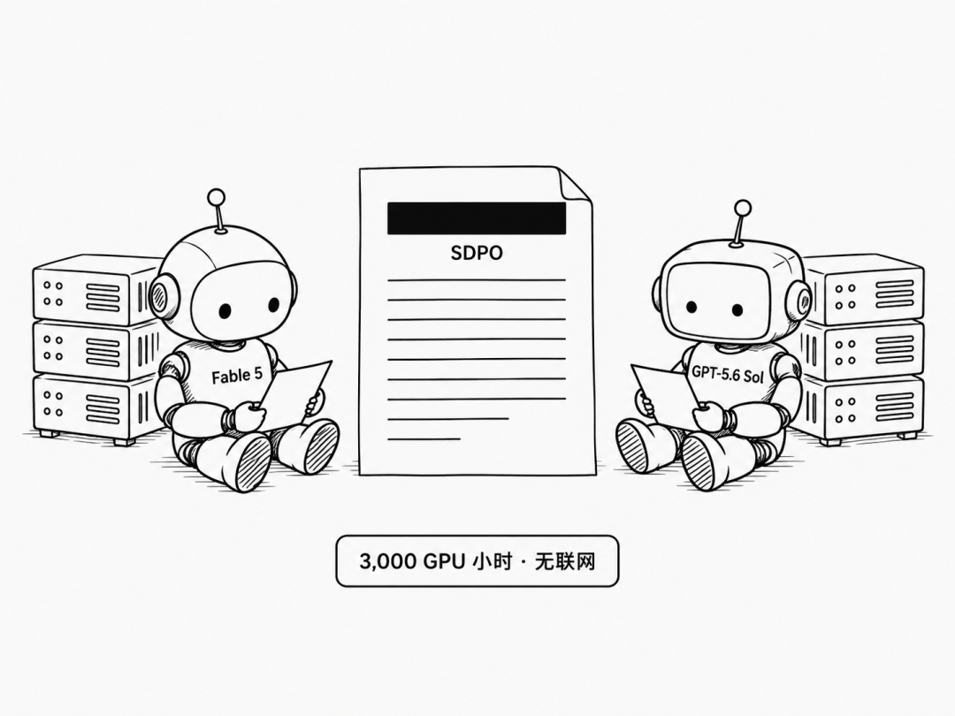 一篇论文被盖住了名字，两个机器人各自对着一堆 GPU 试图重新做出来