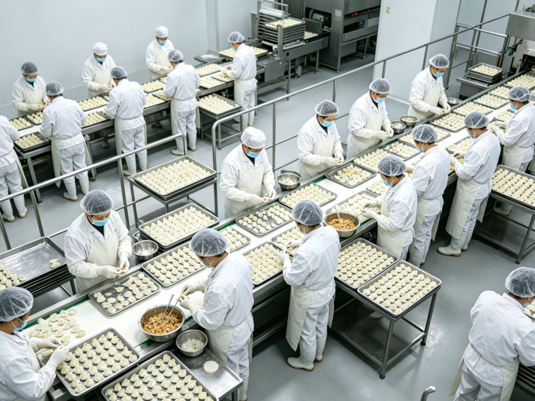 食品厂流水线包饺子照片生成