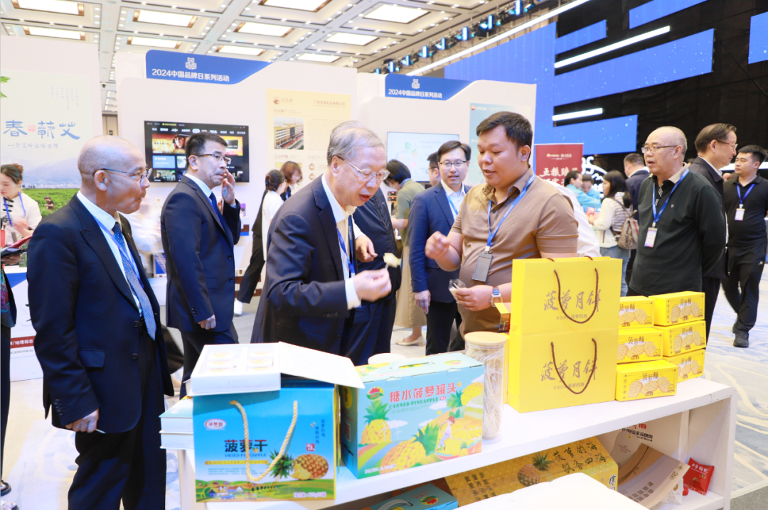 十三届全国政协经济委副主任、工信部原副部长苏波参观徐闻菠萝展台。