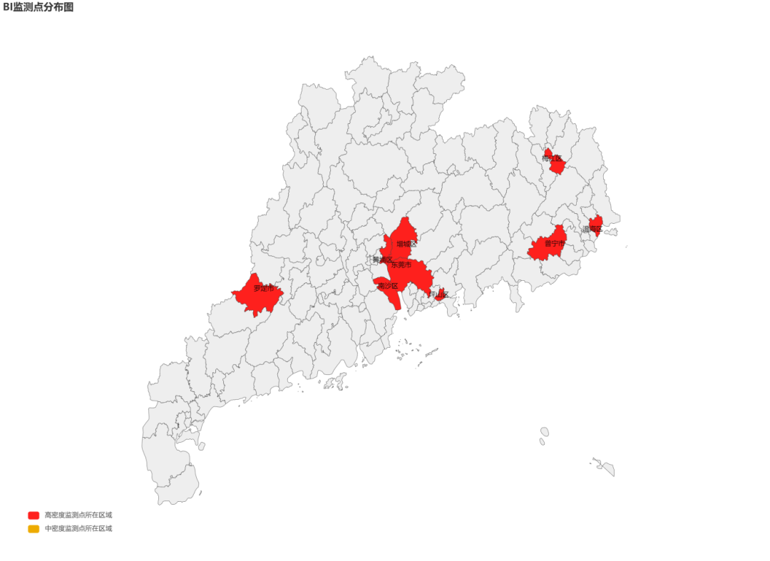 图1 广东省2024年5月上半月幼虫密度BI高密度监测点所在地区  （高密度是指BI>20，红色代表该地区已有高密度监测点）