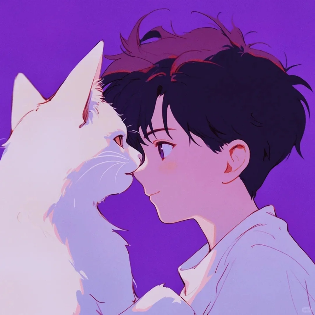 抱着猫咪紫色系动漫头像男