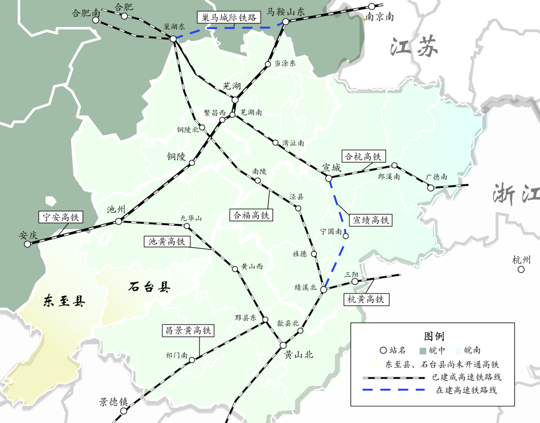 地区高铁站将达到24个之多,皖南县县通高铁的比例居于安徽各区域之首