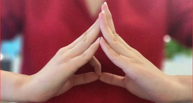 左右手指尖相接为屋顶,手语为"家"的含义;两掌之间为大心套小心,寓意"