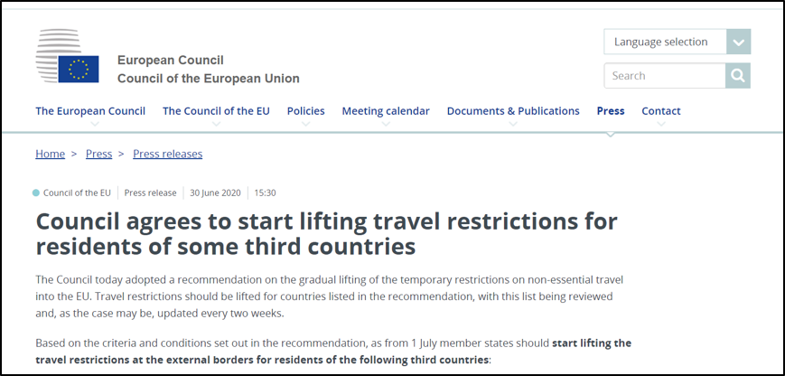 欧盟宣布对15个国家重开边境，中国在列，美国被拒之门外